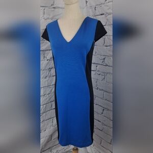 Michael Kors Cap Sleeve V-Neck Sheath Dress Midi Black and Blue Poly Rayon 2 US